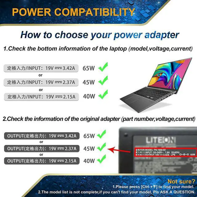 Alt view image 4 of 7 - 65W Universal AC Charger Compatible with Acer Aspire 5 A515 R5 Chromebook 11 13 14 15 C720 CB3-532 C738T CB5 Spin SP111 Swift SF315 TravelMate Spin B118 Spin SP513 SF314 Cloudbook Series Power Cord