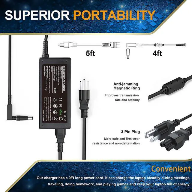 Alt view image 7 of 7 - 65W Universal AC Charger Compatible with Acer Aspire 5 A515 R5 Chromebook 11 13 14 15 C720 CB3-532 C738T CB5 Spin SP111 Swift SF315 TravelMate Spin B118 Spin SP513 SF314 Cloudbook Series Power Cord