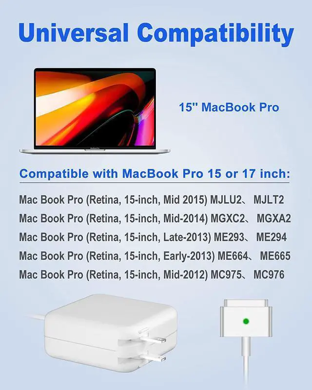 Alt view image 3 of 7 - ZHAOSHA Mac Book Pro Charger, 85W T-Tip Mac Book Air Charger with Fast Charging & Magnetic Connection, Replacement Power Adapter for Mac Book Pro & Air 13/15/17 Inch (After Mid 2012)