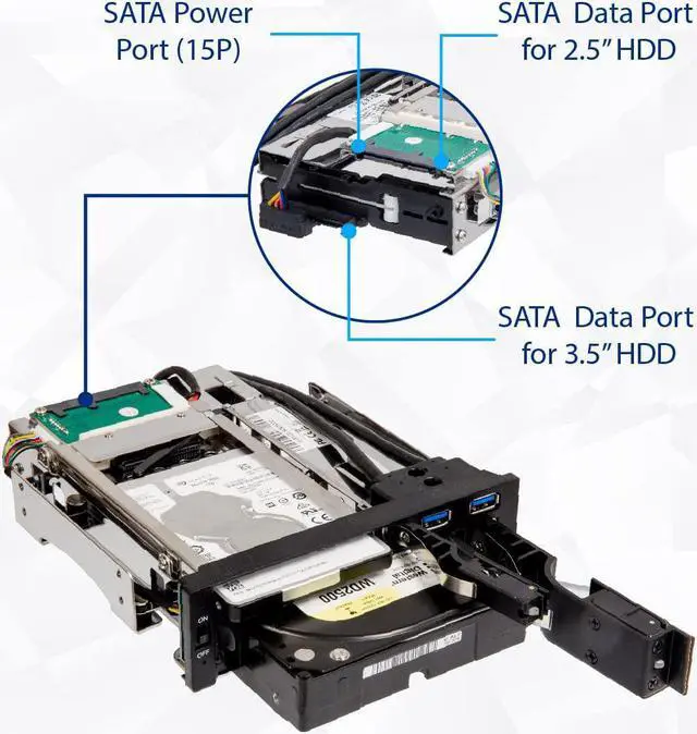 Alt view image 3 of 7 - Syba SY-MRA55006 5.25" Bay Tray Less Mobile Rack for 3.5" and 2.5" Sata III HDD with Extra 2 Port USB 3.0, Black/White