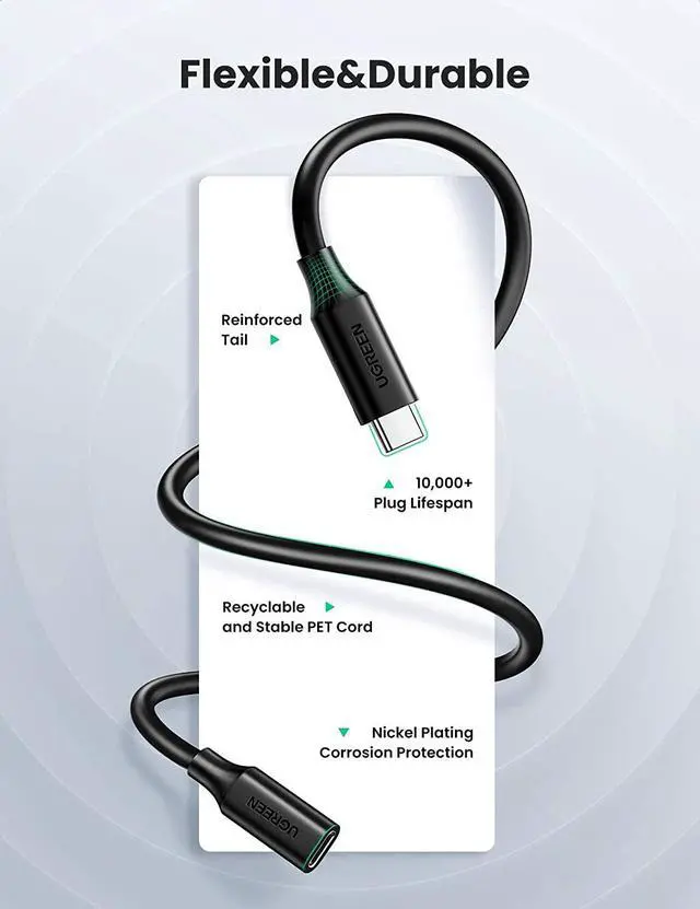 Alt view image 2 of 7 - UGREEN USB Type C Extension Cable - Extender 1.5FT Male to Female USB 3.2(10Gbps) Fast Charging Thunderbolt 3 Compatible with MacBook Pro iPad Pro Dell XPS Surface Nintendo Switch DJI Mavic Dongle Hub