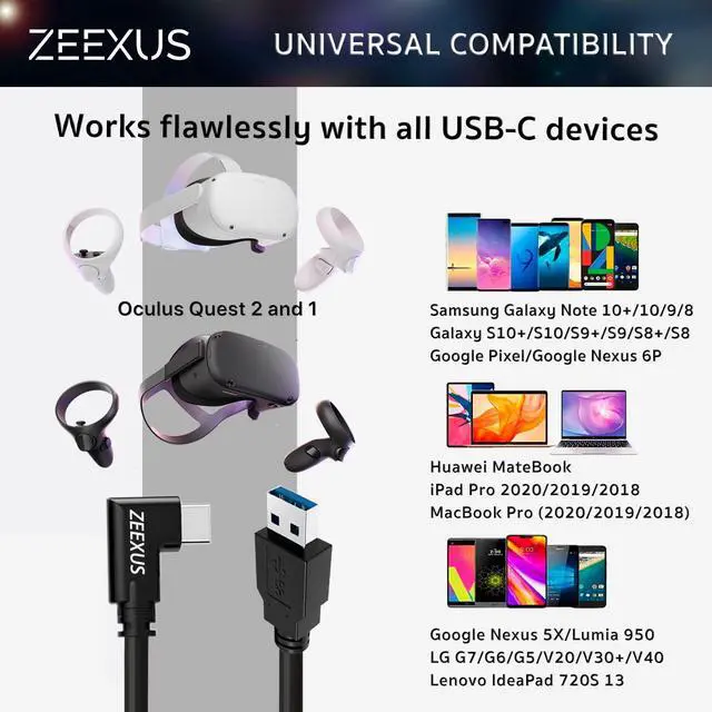 Alt view image 3 of 7 - Oculus Quest 2 Link Cable 16 ft - USB C to USB A - USB 3.2 Gen1 5gbps - Oculus Quest 2 Charging Cable 90 Degree Angled (16 FT USB A to C Black)