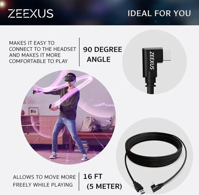 Alt view image 4 of 7 - Oculus Quest 2 Link Cable 16 ft - USB C to USB A - USB 3.2 Gen1 5gbps - Oculus Quest 2 Charging Cable 90 Degree Angled (16 FT USB A to C Black)