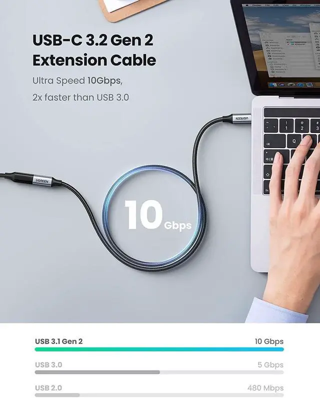 Alt view image 5 of 7 - UGREEN USB Type C Extension Cable - USB 3.2 Gen2 Extender 1.5FT 10Gbps Data Transfer 4K Video Output 100W PD Fast Charging Compatible with Thunderbolt 3, MacBook Pro, iPad Pro, Galaxy S2, Google Pixel