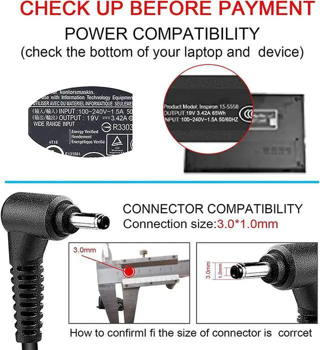 Alt view image 6 of 6 - 65W 19V 3.42A AC Power Adapter Charger for Acer Chromebook 11 13 14 15 R11 CB3-131-C3SZ C720-2103 CB5-571-C1DZ CB3-111-C670 Aspire One Cloudbook 11 14, Connector: 3.0mm * 1.1mm(Not Compatible Type C)