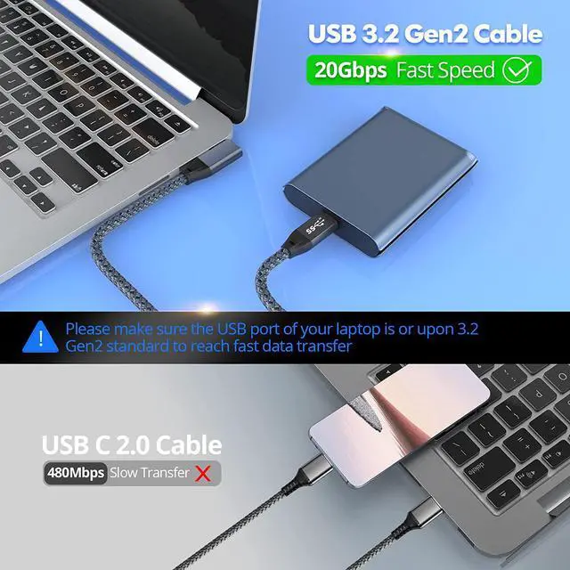 Alt view image 4 of 7 - USB C Cable 100W 10FT [2 Pack], UseBean Right Angle 90-Degree USB C to USB C Cable USB 3.2 Gen2x2 20Gbps Data Transfer, PD 100W Fast Charging Cord for Thunderbolt 3,MacBook Pro,iPad Pro,Samsung,Switch