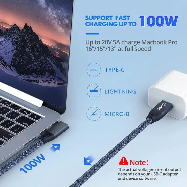 Alt view image 2 of 7 - USB C Cable 100W 10FT [2 Pack], UseBean Right Angle 90-Degree USB C to USB C Cable USB 3.2 Gen2x2 20Gbps Data Transfer, PD 100W Fast Charging Cord for Thunderbolt 3,MacBook Pro,iPad Pro,Samsung,Switch