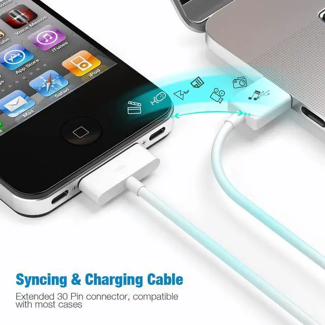 Alt view image 4 of 7 - Certified 30 Pin USB Charging Cable 4.0ft USB Sync Charging Cord iPhone Compatible for 4 4s 3G 3GS iPad 1 2 3 iPod Touch Nano White (1 PCS)