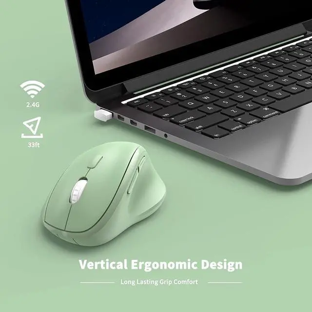 Alt view image 6 of 7 - Ergonomic Wireless Mouse with USB Receiver for PC Computer, Laptop and Desktop, Ergo Vertical Mouse with Silent Clicks Long Battery Life, Up to 1600 DPI & 1 AA Battery Powered, Green