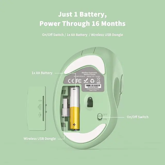 Alt view image 3 of 7 - Ergonomic Wireless Mouse with USB Receiver for PC Computer, Laptop and Desktop, Ergo Vertical Mouse with Silent Clicks Long Battery Life, Up to 1600 DPI & 1 AA Battery Powered, Green