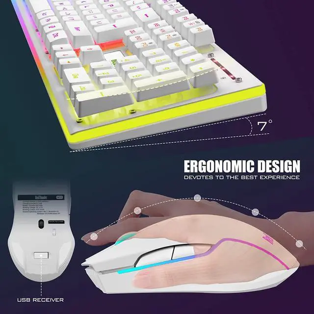 Alt view image 6 of 7 - K10 Wireless Gaming Keyboard and Mouse Combo, LED Backlit Rechargeable 3800mAh Battery, Mechanical Feel Anti-ghosting Keyboard + 7D 3200DPI Mice for PC Gamer (White)