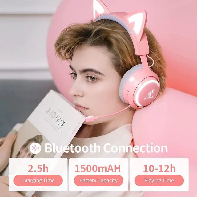Alt view image 2 of 6 - EASARS Wireless Cat Ear Headphones, Pink Gaming Headset Bluetooth 5.0 for Smartphone, Retractable Mic, 50mm Drivers, RGB Lighting Headset with Mic (USB Dongle Not Included)