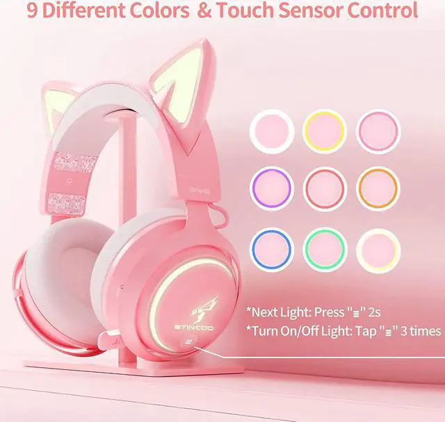 Alt view image 3 of 6 - EASARS Wireless Cat Ear Headphones, Pink Gaming Headset Bluetooth 5.0 for Smartphone, Retractable Mic, 50mm Drivers, RGB Lighting Headset with Mic (USB Dongle Not Included)