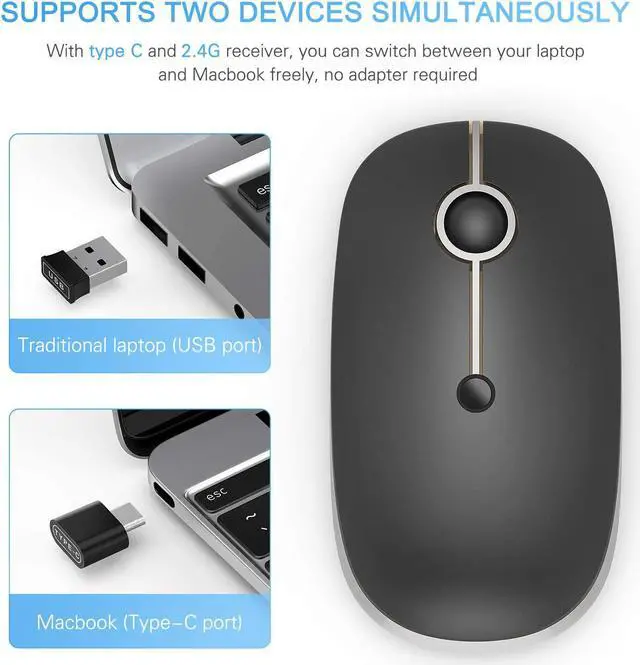 Alt view image 6 of 7 - Type C Wireless Mouse Vssoplor Dual Mode 2.4G Wireless Mouse USB C Cordless Mice with Nano USB and Type C Receiver Compatible with PC Laptop MacBook and All Type C Devices-Black and Silver
