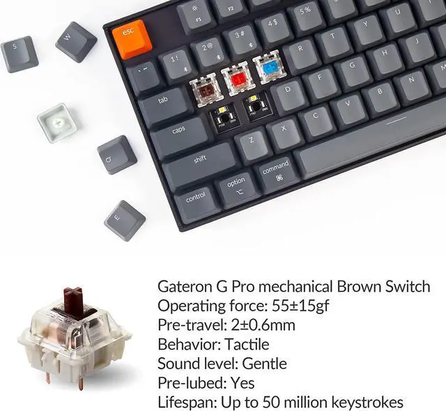 Alt view image 2 of 7 - Keychron K8 Hot-swappable Wireless Bluetooth/Wired USB Mechanical Keyboard with Gateron G Pro Brown Switch/White LED Backlight/N-Key Rollover, Tenkeyless 87-Key Computer Keyboard for Mac Windows