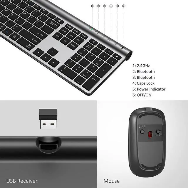 Alt view image 6 of 7 - Wireless Keyboard and Mouse Combo, CHESONA Bluetooth Rechargeable Full Size Multi-Device (Bluetooth 5.0+3.0+2.4G) Wireless Keyboard Mouse Combo for Mac OS/iOS/Windows/Android (Silver Black)