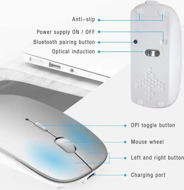 Alt view image 3 of 7 - Bluetooth Mouse for Laptop/iPad/iPhone/Mac(iOS 13.1.2 and Above)/Android PC,Wireless Mouse Slim USB Rechargable Quiet Mice Compatible with Windows/Linux/Notebook/Mac/MacBook Air,Silver