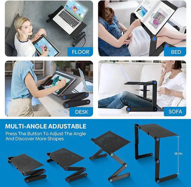 Alt view image 3 of 7 - Extra Wide Adjustable Laptop Stand with Cooling Fan & Mouse Pad for 17 Inch Computer Portable Ergonomic Lap Desk for Bed Sofa Couch Office (Aluminum Table Tray: 19 Black)