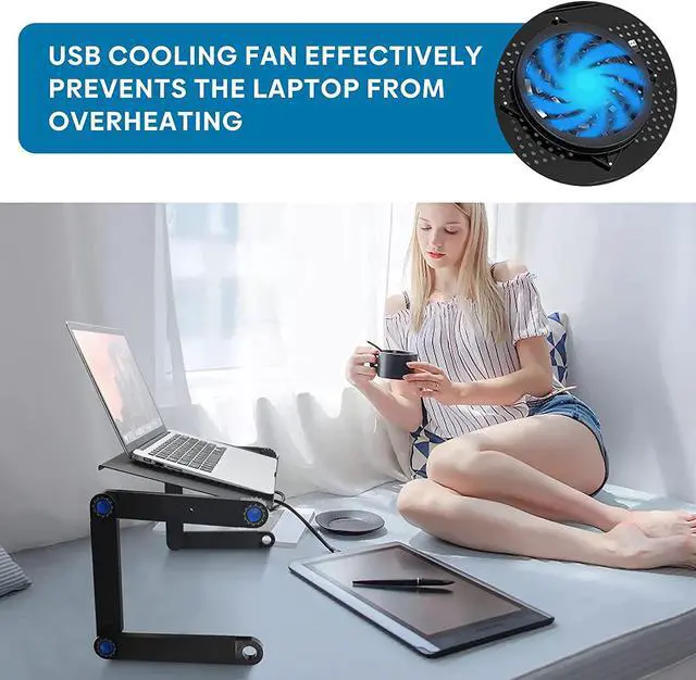 Alt view image 6 of 7 - Extra Wide Adjustable Laptop Stand with Cooling Fan & Mouse Pad for 17 Inch Computer Portable Ergonomic Lap Desk for Bed Sofa Couch Office (Aluminum Table Tray: 19 Black)