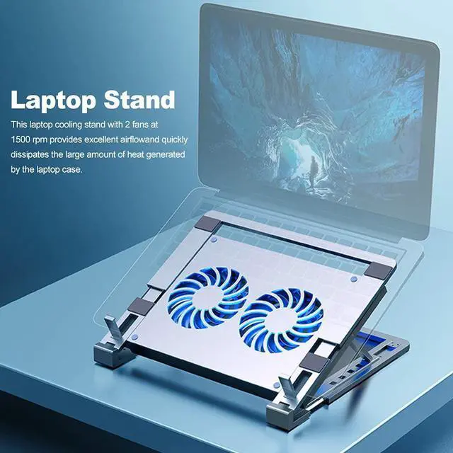 Alt view image 2 of 7 - Laptop Stand Aluminium Laptop Cooler Stand Notebook Laptop Holder Notebook Cooling Stand with 2 Fans 1500 RPM USB Port & Type C Port(Silver)