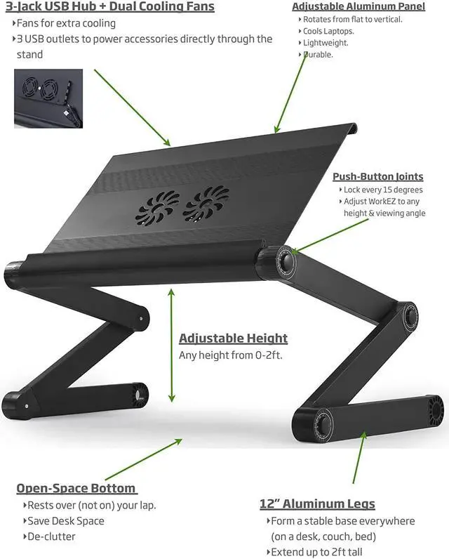 Alt view image 2 of 7 - WorkEZ Executive Adjustable Ergonomic Laptop Cooling Stand Lap Desk for Bed Couch with 2 Fans & 3 USB Ports folding aluminum desktop riser tray height tilt angle portable macbook cooler cooling Black