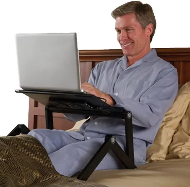 Alt view image 7 of 7 - WorkEZ Executive Adjustable Ergonomic Laptop Cooling Stand Lap Desk for Bed Couch with 2 Fans & 3 USB Ports folding aluminum desktop riser tray height tilt angle portable macbook cooler cooling Black