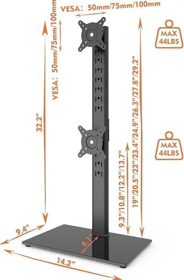 Alt view image 6 of 6 - Dual Monitor Stand - Vertical Stack Screen Free-Standing Monitor Riser Fits Two 13 to 34 Inch Screen with Swivel Tilt Height Adjustable Holds One (1) Screen Up to 44Lbs