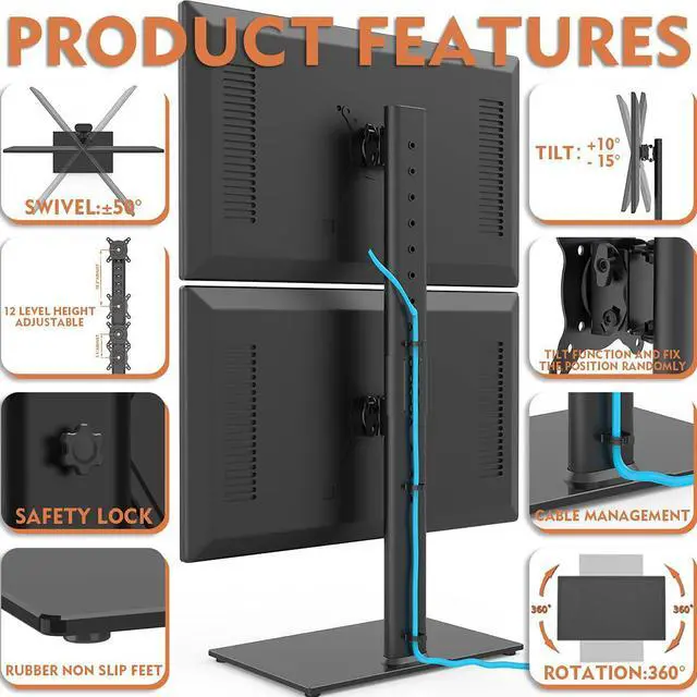 Alt view image 2 of 6 - Dual Monitor Stand - Vertical Stack Screen Free-Standing Monitor Riser Fits Two 13 to 34 Inch Screen with Swivel Tilt Height Adjustable Holds One (1) Screen Up to 44Lbs