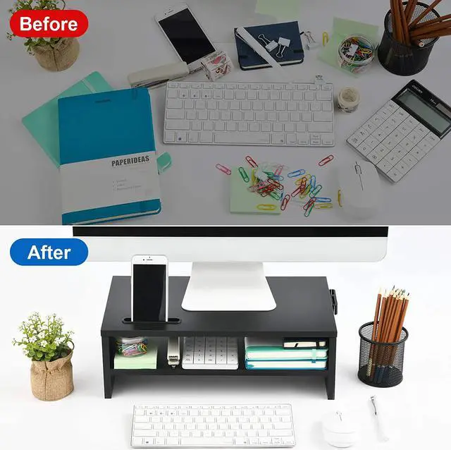 Alt view image 5 of 7 - Marbrasse Monitor Stand Riser, 16.5 Inch 2 Tier Computer Printer Shelf Stand for Laptop Computer Screen Storage, Desktop Stand with Phone Holder and Cable Management Black