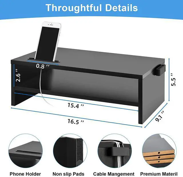 Alt view image 2 of 7 - Marbrasse Monitor Stand Riser, 16.5 Inch 2 Tier Computer Printer Shelf Stand for Laptop Computer Screen Storage, Desktop Stand with Phone Holder and Cable Management Black