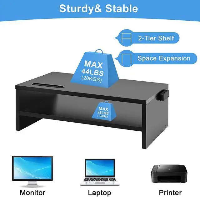 Alt view image 4 of 7 - Marbrasse Monitor Stand Riser, 16.5 Inch 2 Tier Computer Printer Shelf Stand for Laptop Computer Screen Storage, Desktop Stand with Phone Holder and Cable Management Black