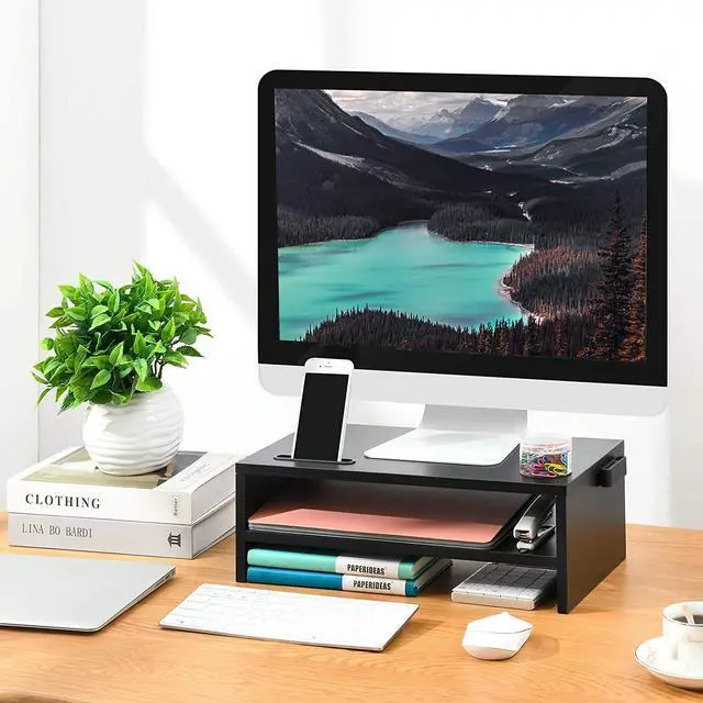 Alt view image 7 of 7 - Marbrasse Monitor Stand Riser, 16.5 Inch 2 Tier Computer Printer Shelf Stand for Laptop Computer Screen Storage, Desktop Stand with Phone Holder and Cable Management Black