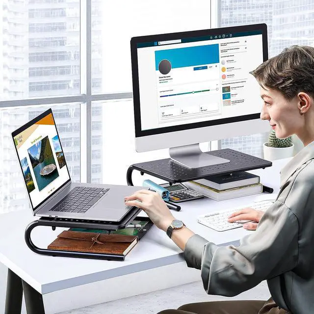 Alt view image 2 of 7 - HUANUO Monitor Stand Riser for Desk, Laptop Stand, Laptop Shelf w/Vented Metal, Desktop Computer Stand Desk Organizer for Laptop, PC, Printer