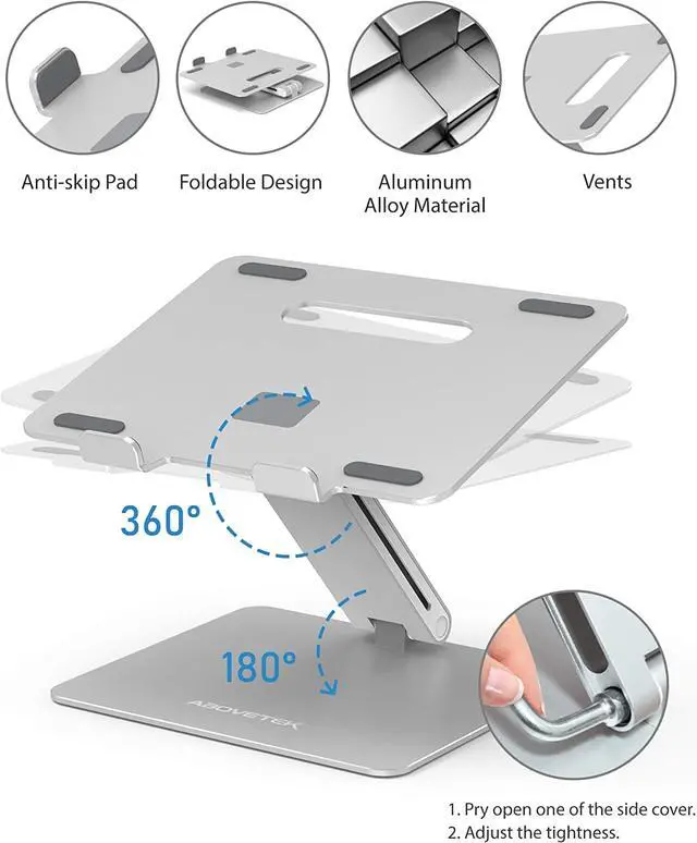 Alt view image 4 of 7 - AboveTEK Laptop Stand, Adjustable Portable Computer Riser, Ergonomic Aluminum Notebook Desktop Holder for Desk, Compatible with MacBook Pro, Air, HP, Fits Up to 17 Inch Laptops, Silver