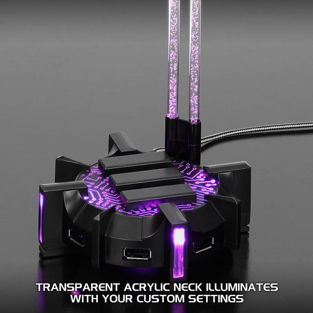 Alt view image 5 of 6 - ENHANCE Gaming Headphone Stand Headset Holder with 4 Port USB Hub, Customizable LED Lighting, Flexible Acrylic Neck - Universal Hanger with Weighted Base for Wired or Wireless Headsets - PS4, Xbox, PC