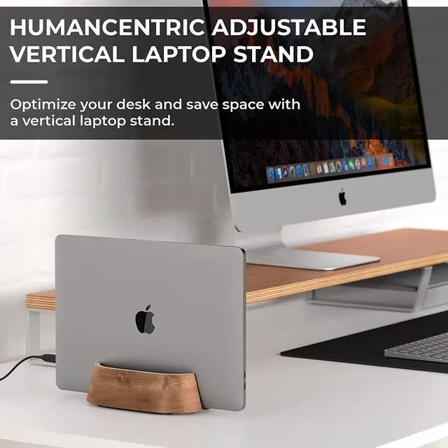 Alt view image 3 of 7 - HumanCentric Vertical Laptop Stand in Black Walnut Wood, Upright Adjustable Holder and Dock, Laptop Vertical Stand Fits MacBook Pro and Other Laptops .5" to 1.5", Clamshell Compatible