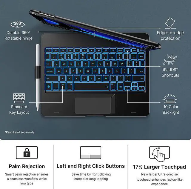 Alt view image 2 of 7 - Touch for iPad 9th Generation Keyboard Case (10.2", 2021), Multi-touch Trackpad, 10 Color Backlight, 360° Rotatable, Thin & Light for 8th Gen (2020), 7th Gen (2019), Air 3, Pro 10.5 (Black)
