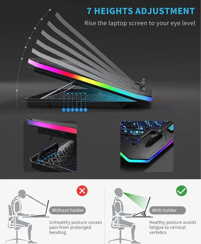 Alt view image 4 of 6 - 2022 Upgrade Laptop Cooling Pad RGB Lights Laptop Cooler 6 Fans for 15.6-17.3 Inch Laptops 7 Height Stands 10 Modes Light 2 USB Ports Desk or Lap Use (A8 Blue)