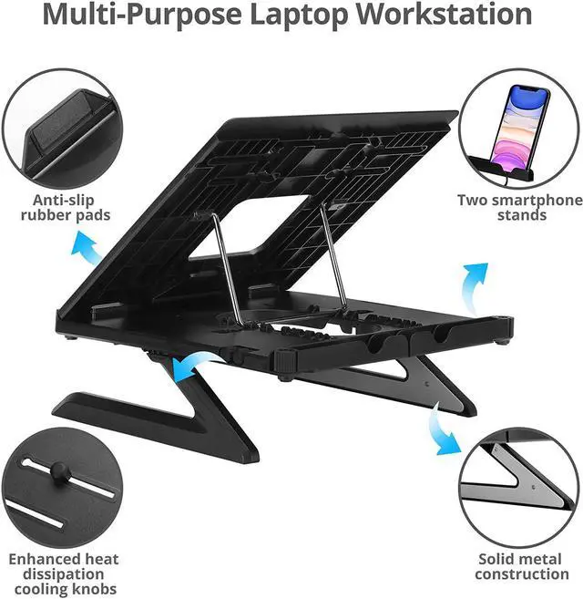 Alt view image 4 of 7 - Laptop Stand Ergonomic Adjustable Riser Stand with Smart Phone Holder & Heat-Vent Portable Design & Dimensions Fit 10 to 17 Laptop Load Bearing 22 lbs max ABS + Aluminum (CE-MT3911-S1)