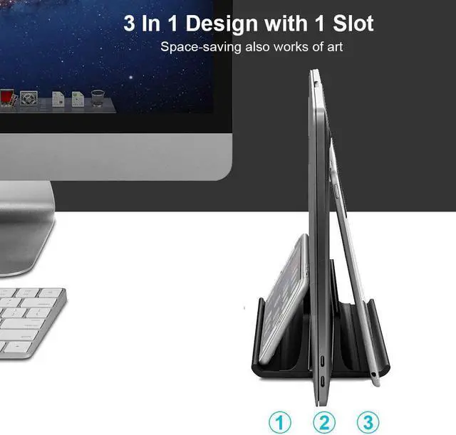 Alt view image 2 of 7 - Vaydeer 3-in-1 Vertical Laptop Stand Holder, Aluminum Laptop Stand for Desk with Adjustable Dock, Space-Saving Organizer for All MacBook, Surface, Samsung, HP, Dell, up to 17.3 inch Black