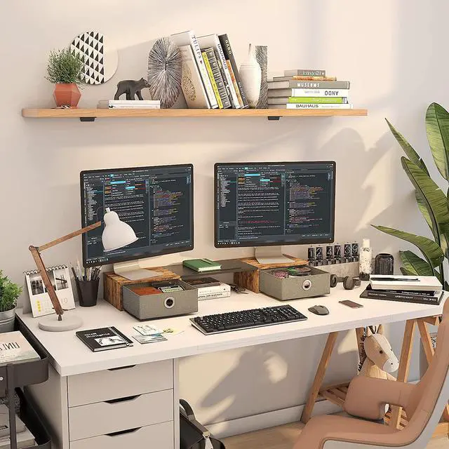 Alt view image 2 of 7 - Monitor Stand Riser with Two Drawers Computer Desk Organizer for Laptop Computer Printer TV