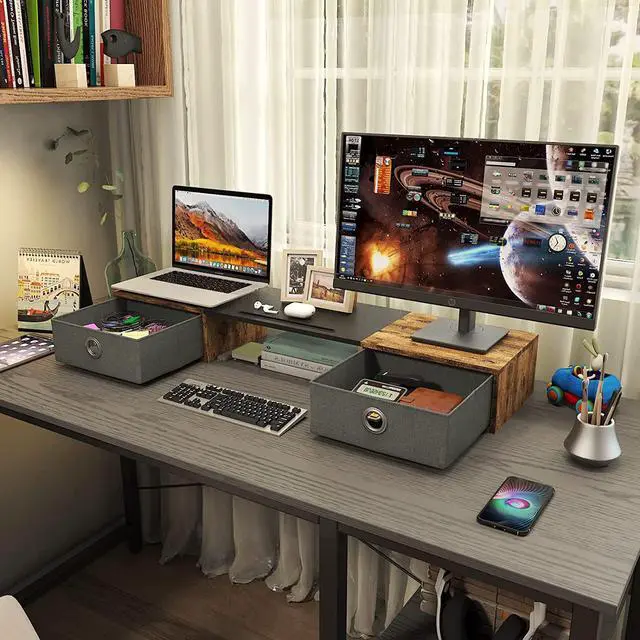 Alt view image 4 of 7 - Monitor Stand Riser with Two Drawers Computer Desk Organizer for Laptop Computer Printer TV