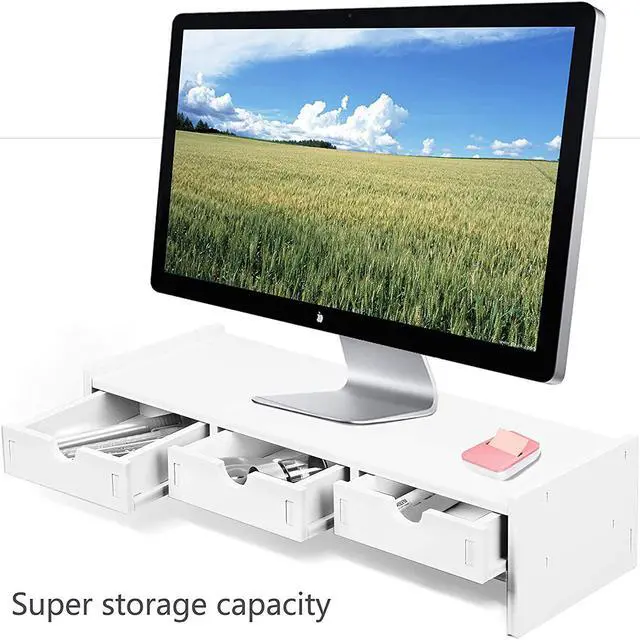 Alt view image 3 of 7 - VALEN Monitor Stand Riser, Computer Laptop Riser Shelf with 3 Organizer Drawers (White, 19.5" L x 7.5" W x 4.7" H) (White)