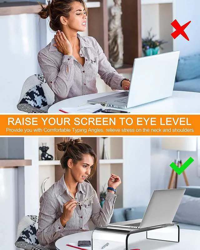 Alt view image 5 of 7 - Clear Monitor Riser Acrylic Computer Stand - HD Sturdy 50LB Max - Promotes Pain Relief Posture & Free Up Cluttered Space with TV Laptop & PC Computer & Desk Storage Organizer Stand Riser
