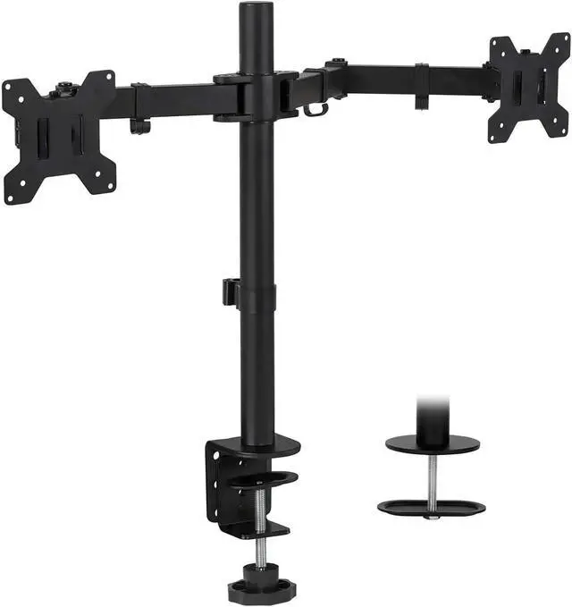 Alt view image 2 of 7 - Dual Monitor Mount | Double Monitor Desk Stand | Interchangeable C-Clamp and Grommet Base | Two Heavy Duty Height Adjustable Arms Fit 2 Computer Screens 19 21.5 24 27 32 Inches | VESA 75 100