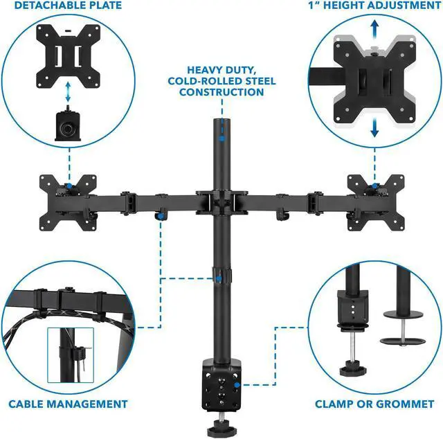 Alt view image 4 of 7 - Dual Monitor Mount | Double Monitor Desk Stand | Interchangeable C-Clamp and Grommet Base | Two Heavy Duty Height Adjustable Arms Fit 2 Computer Screens 19 21.5 24 27 32 Inches | VESA 75 100