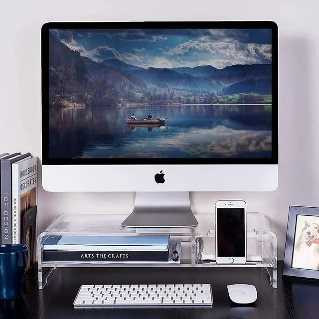 Alt view image 5 of 6 - BEYGORM Acrylic Monitor Stand Riser, Wide 20", 2 Tier Computer with Storage, Desk Organizer Desktop Printer Laptop Storage Shelf Screen Holder Phone Holder(Clear)