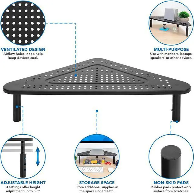 Alt view image 6 of 7 - Corner Monitor Stand | Adjustable Height Corner Desk Shelf | Triangle Screen Riser, Ergonomic Space Saving Design, Ventilated. (Metal, Black)
