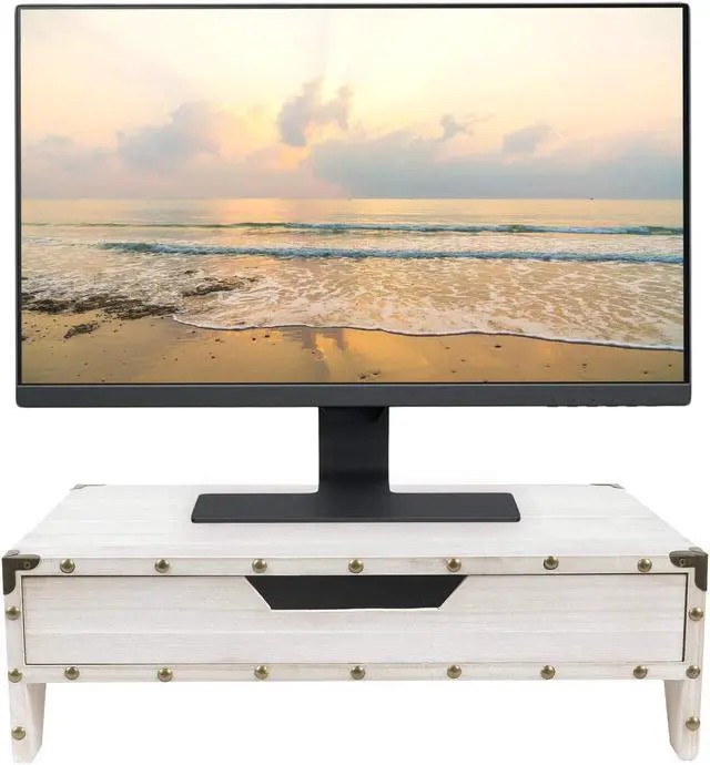 Alt view image 2 of 7 - Ikee Design Wooden 2 Tier Monitor Stand with Drawer,Wood Desktop Stands for Laptop ,TV, Computer Riser,Wooden Clutter-Free Desk Storage Organizer,16 1/2 W x 10 1/4 D x 5 1/8 H in, White