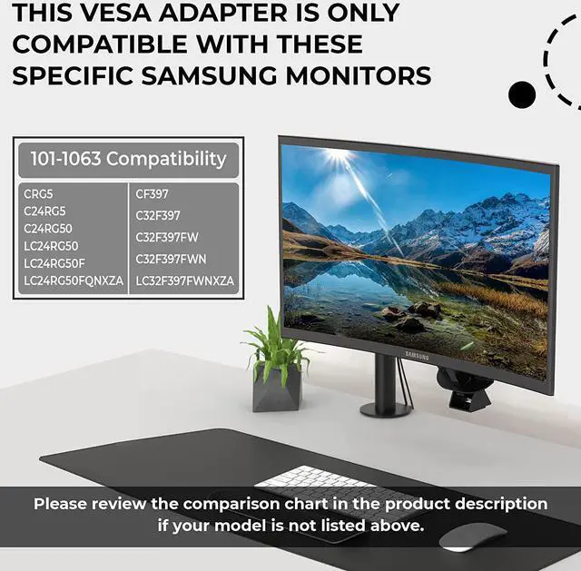 Alt view image 2 of 7 - VESA Mount Adapter for Samsung Curved Monitors 32 inch CF397 and Samsung 24 inch CRG5 VESA Adapter Bracket Mounts Monitor to VESA Stand Arm or Desk Mount with 75x75 or 100x100 mm